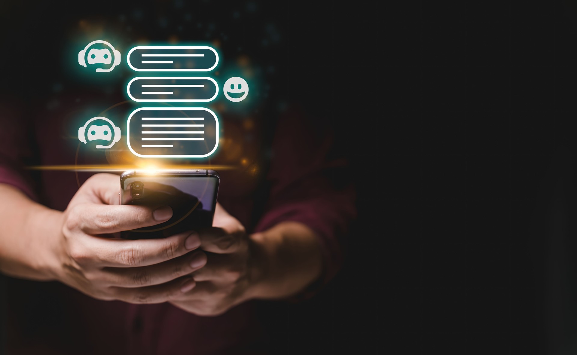 generative ai chatbot concept, a person holding a smartphone with a glowing screen on it's display, with a chat bubbles above it.