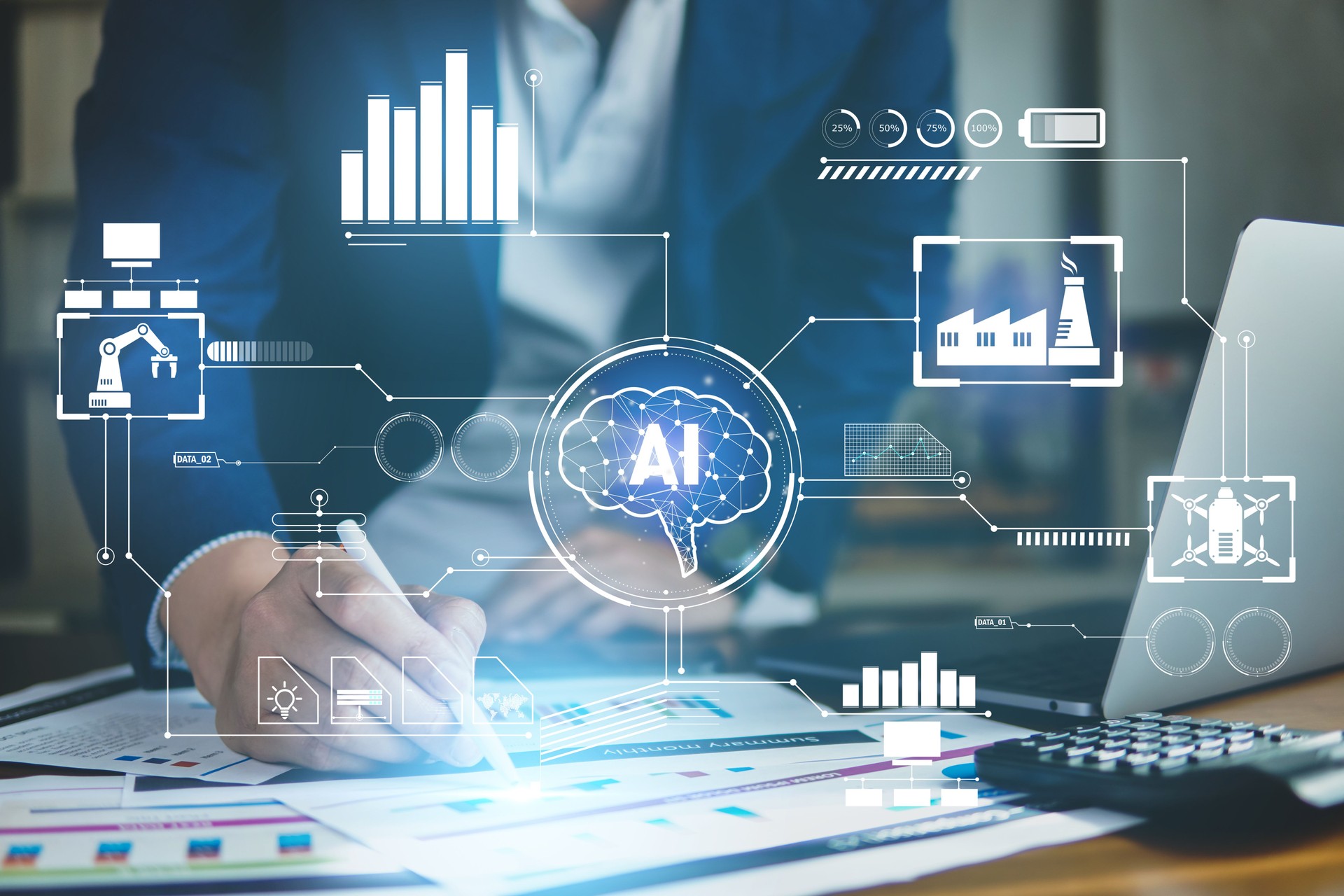 Business man working and analysis stock graph with using AI
